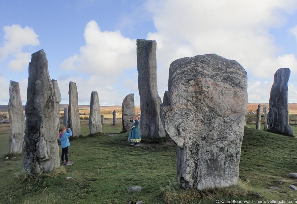 Girls playing on our last visit to Callanish Standing stones Isle of Lewis, Outer Hebrides, Scotland
